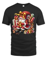 Cute Santa Claus Gift Stack Art Tshirt Festive Holiday Joy - black t-shirt on white background