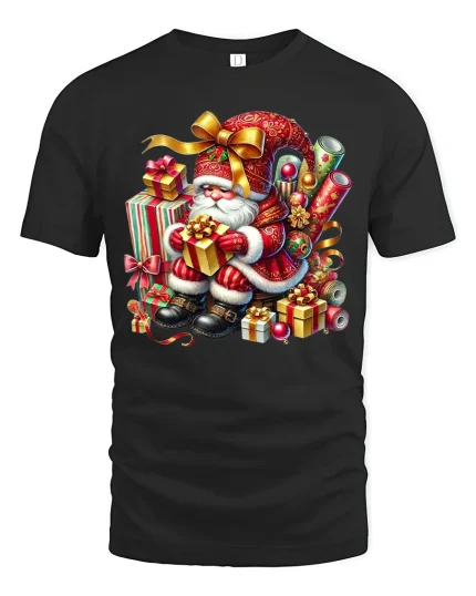 Cute Santa Claus Gift Stack Art Tshirt Festive Holiday Joy - black t-shirt on white background