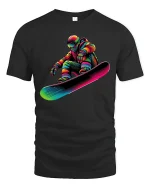 Colorful Astronaut Snowboard Art Tshirt Cosmic Winter Action - black t-shirt on white background