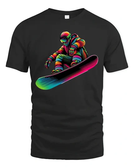 Colorful Astronaut Snowboard Art Tshirt Cosmic Winter Action - black t-shirt on white background