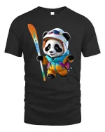 Cute Panda Skier Winter Sports Art Tshirt Playful Snow Fun - black t-shirt on white background