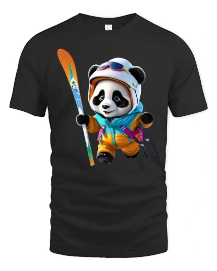 Cute Panda Skier Winter Sports Art Tshirt Playful Snow Fun - black t-shirt on white background