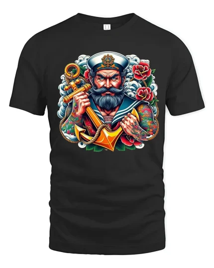 Bold Tattoo Sailor Anchor Art Tshirt Classic Nautical Power - black t-shirt on white background