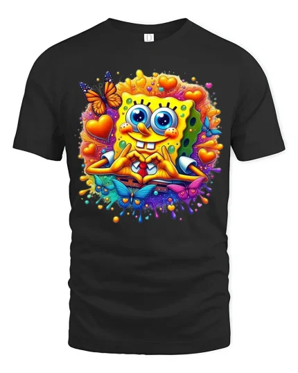 Cute Sponge Heart Love Cartoon Art Tshirt Colorful Happy Vibes - black t-shirt on white background