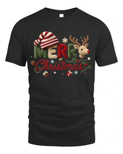 Merry Christmas Knit Reindeer Art Tshirt Cozy Holiday Charm - black t-shirt on white background