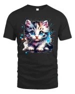 Cute Big Eyes Kitten Watercolor Art Tshirt Adorable Vibes - black t-shirt on white background