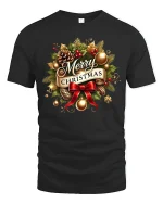 Merry Christmas Holiday Wreath Art Tshirt Festive Classic Style - black t-shirt on white background