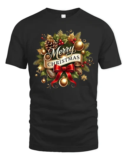 Merry Christmas Holiday Wreath Art Tshirt Festive Classic Style - black t-shirt on white background