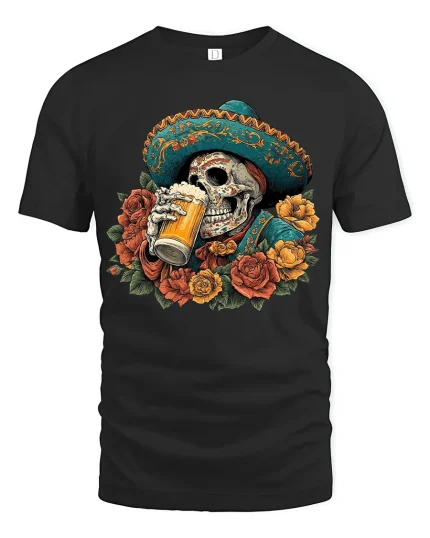 Day of the Dead Skull Beer Art Tshirt Bold Funny Fiesta Style - black t-shirt on white background