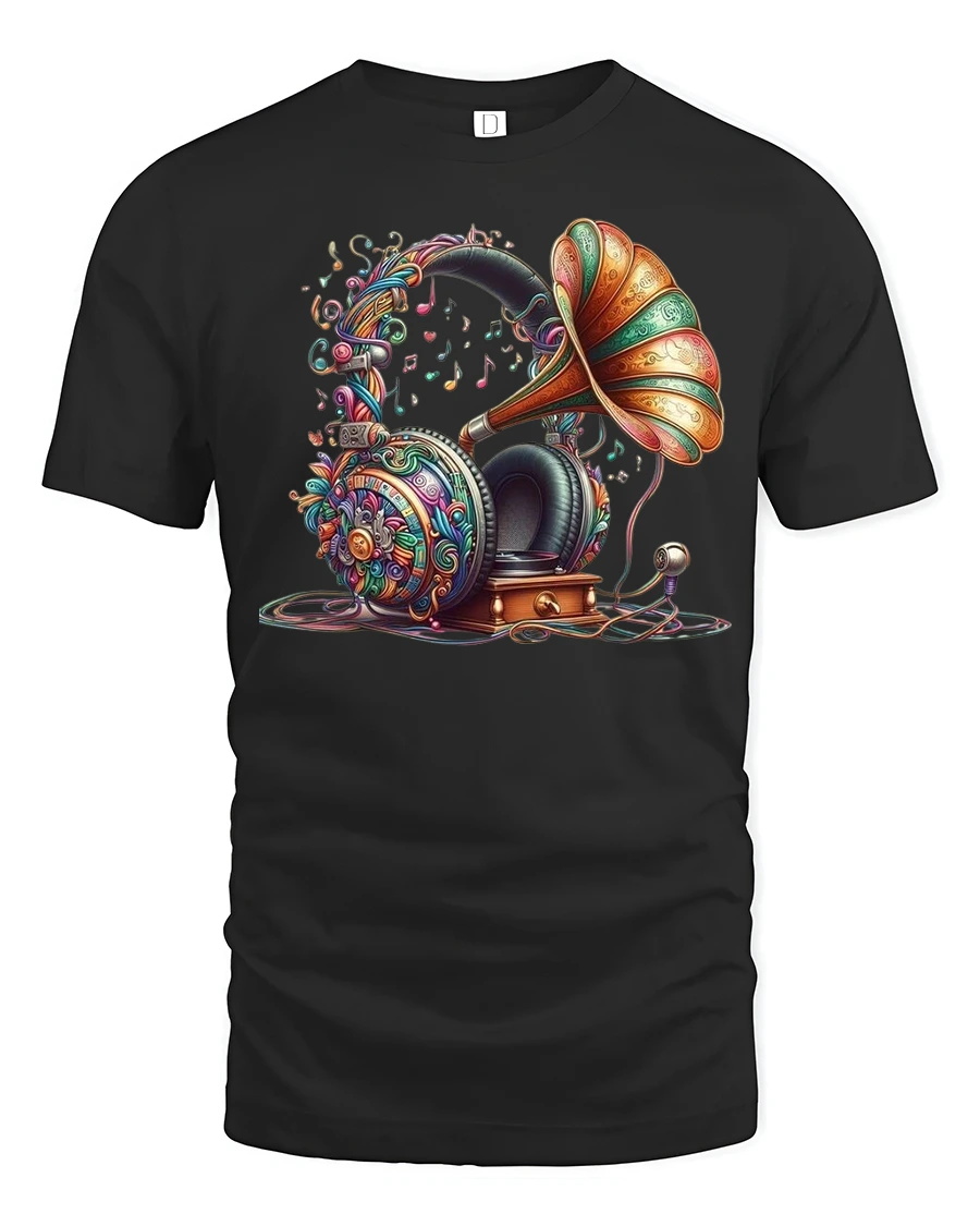 Vintage Gramophone Headphone Music Art Tshirt Colorful Sound Style - 1 Vintage Gramophone Headphone Music Art Tshirt Colorful Sound Style - black t-shirt on white background