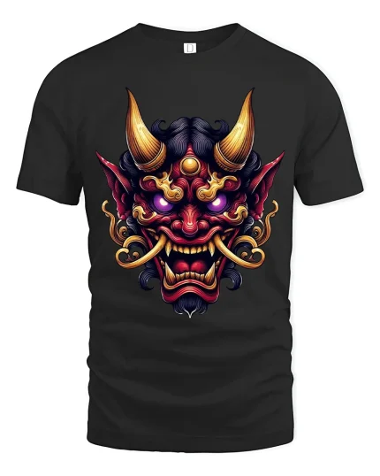 Fierce Oni Demon Mask Art Tshirt Dark Mythic Power Style - black t-shirt on white background