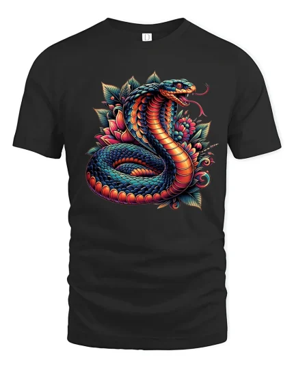 Colorful Cobra Snake Floral Art Tshirt Fierce Wild Energy - black t-shirt on white background