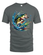 Explosive Bass Splash Fishing Art Tshirt Nature Energy Style - gray t-shirt on white background