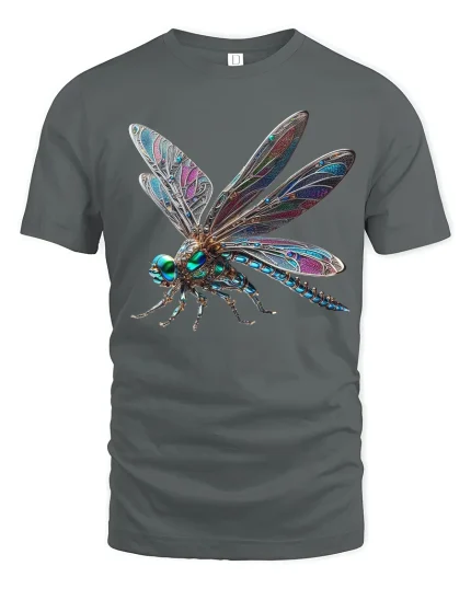 Jeweled Dragonfly Art Tshirt Elegant Nature Fantasy Style - gray t-shirt on white background