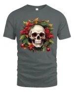 Christmas Skull Wreath Art Tshirt Festive Gothic Holiday Style - gray t-shirt on white background
