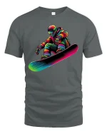 Colorful Astronaut Snowboard Art Tshirt Cosmic Winter Action - gray t-shirt on white background