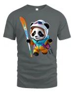 Cute Panda Skier Winter Sports Art Tshirt Playful Snow Fun - gray t-shirt on white background