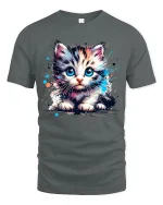 Cute Big Eyes Kitten Watercolor Art Tshirt Adorable Vibes - gray t-shirt on white background