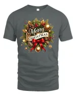 Merry Christmas Holiday Wreath Art Tshirt Festive Classic Style - gray t-shirt on white background