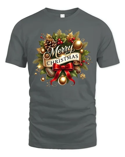 Merry Christmas Holiday Wreath Art Tshirt Festive Classic Style - gray t-shirt on white background