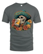 Day of the Dead Skull Beer Art Tshirt Bold Funny Fiesta Style - gray t-shirt on white background