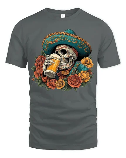 Day of the Dead Skull Beer Art Tshirt Bold Funny Fiesta Style - gray t-shirt on white background