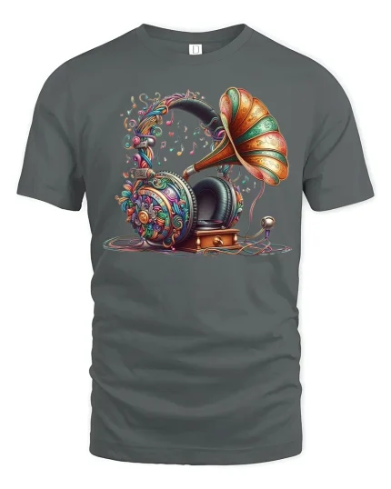 Vintage Gramophone Headphone Music Art Tshirt Colorful Sound Style - gray t-shirt on white background
