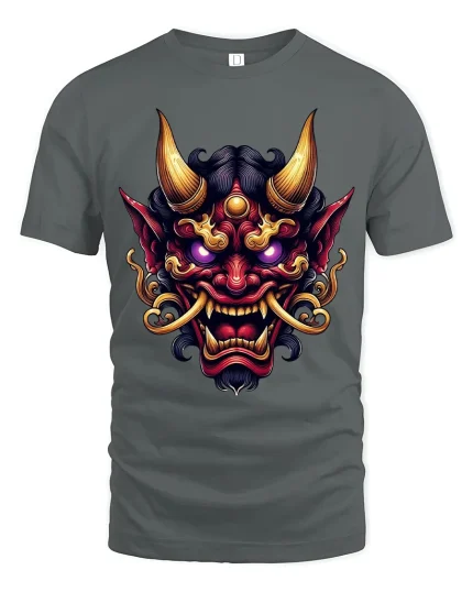 Fierce Oni Demon Mask Art Tshirt Dark Mythic Power Style - gray t-shirt on white background
