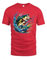 Explosive Bass Splash Fishing Art Tshirt Nature Energy Style - red t-shirt on white background