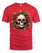 Christmas Skull Wreath Art Tshirt Festive Gothic Holiday Style - red t-shirt on white background