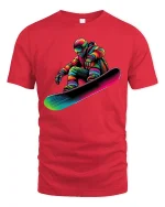 Colorful Astronaut Snowboard Art Tshirt Cosmic Winter Action - red t-shirt on white background
