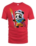 Cute Panda Skier Winter Sports Art Tshirt Playful Snow Fun - red t-shirt on white background