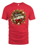 Merry Christmas Holiday Wreath Art Tshirt Festive Classic Style - red t-shirt on white background