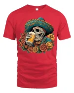 Day of the Dead Skull Beer Art Tshirt Bold Funny Fiesta Style - red t-shirt on white background