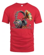 Vintage Gramophone Headphone Music Art Tshirt Colorful Sound Style - red t-shirt on white background