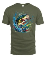 Explosive Bass Splash Fishing Art Tshirt Nature Energy Style - military green t-shirt on white background