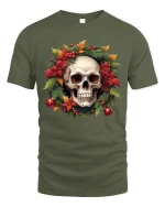 Christmas Skull Wreath Art Tshirt Festive Gothic Holiday Style - military green t-shirt on white background