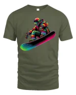 Colorful Astronaut Snowboard Art Tshirt Cosmic Winter Action - military green t-shirt on white background