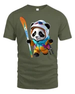 Cute Panda Skier Winter Sports Art Tshirt Playful Snow Fun - military green t-shirt on white background