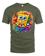 Cute Sponge Heart Love Cartoon Art Tshirt Colorful Happy Vibes - military green t-shirt on white background