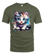 Cute Big Eyes Kitten Watercolor Art Tshirt Adorable Vibes - military green t-shirt on white background