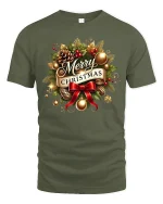 Merry Christmas Holiday Wreath Art Tshirt Festive Classic Style - military green t-shirt on white background