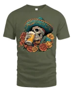Day of the Dead Skull Beer Art Tshirt Bold Funny Fiesta Style - military green t-shirt on white background