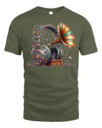 Vintage Gramophone Headphone Music Art Tshirt Colorful Sound Style - military green t-shirt on white background