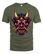 Fierce Oni Demon Mask Art Tshirt Dark Mythic Power Style - military green t-shirt on white background