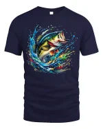 Explosive Bass Splash Fishing Art Tshirt Nature Energy Style - navy t-shirt on white background