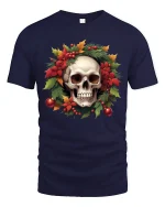 Christmas Skull Wreath Art Tshirt Festive Gothic Holiday Style - navy t-shirt on white background