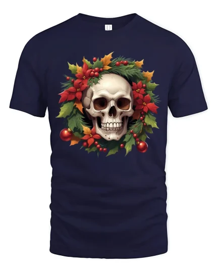 Christmas Skull Wreath Art Tshirt Festive Gothic Holiday Style - navy t-shirt on white background