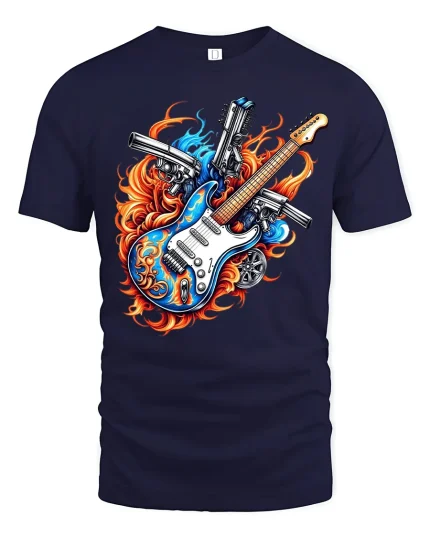 Flaming Electric Guitar Rock Art Tshirt Loud Rebel Energy - navy t-shirt on white background
