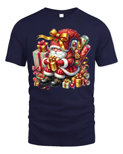 Cute Santa Claus Gift Stack Art Tshirt Festive Holiday Joy - navy t-shirt on white background